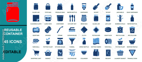 Set of 45 reusable container and eco-friendly item flat icons in blue and white color scheme isolated on white background, Vector, illustration