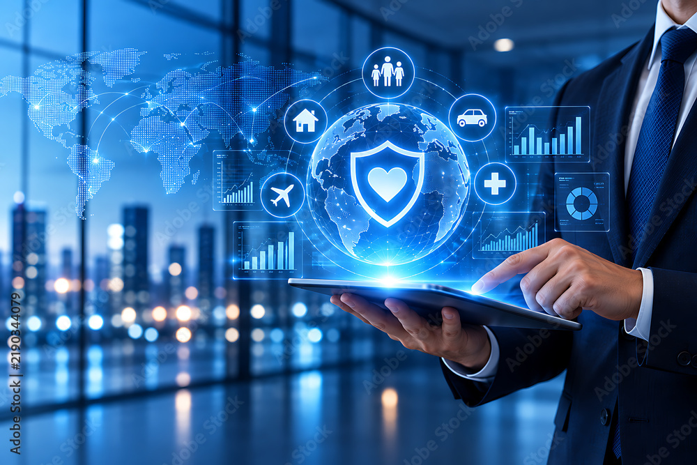 Obraz premium Businessman holding a tablet displaying a globe with security icons and data charts