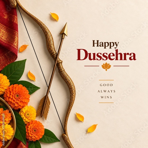 Elegant golden bow and arrow with orange marigold flowers for happy dussehra religious festival