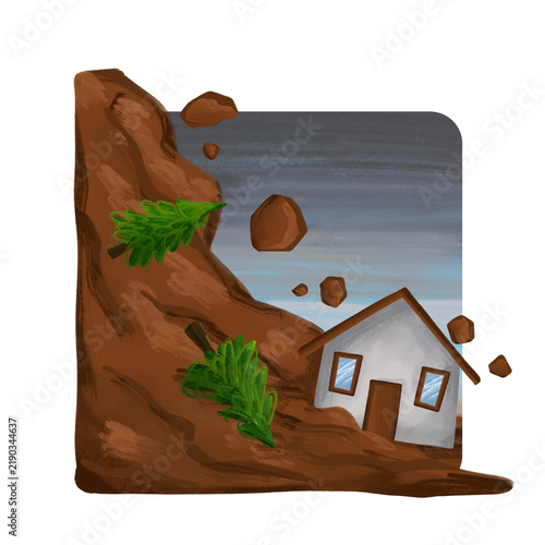 Landslide Illustration with House Buried Under Falling Rocks and Soil