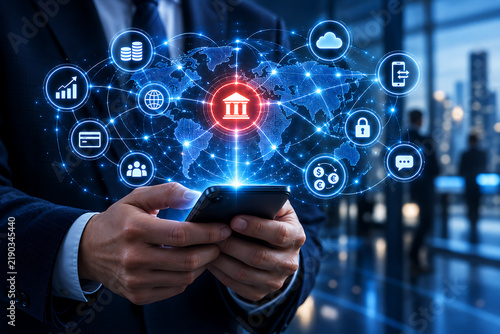 Digital banking network with financial icons displayed above a mobile phone