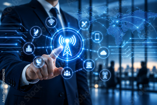 Communication tower with connected icons illustrates modern technology and global networking