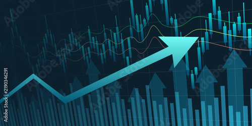 Financial graph with uptrend line and arrows in stock market on blue color background
