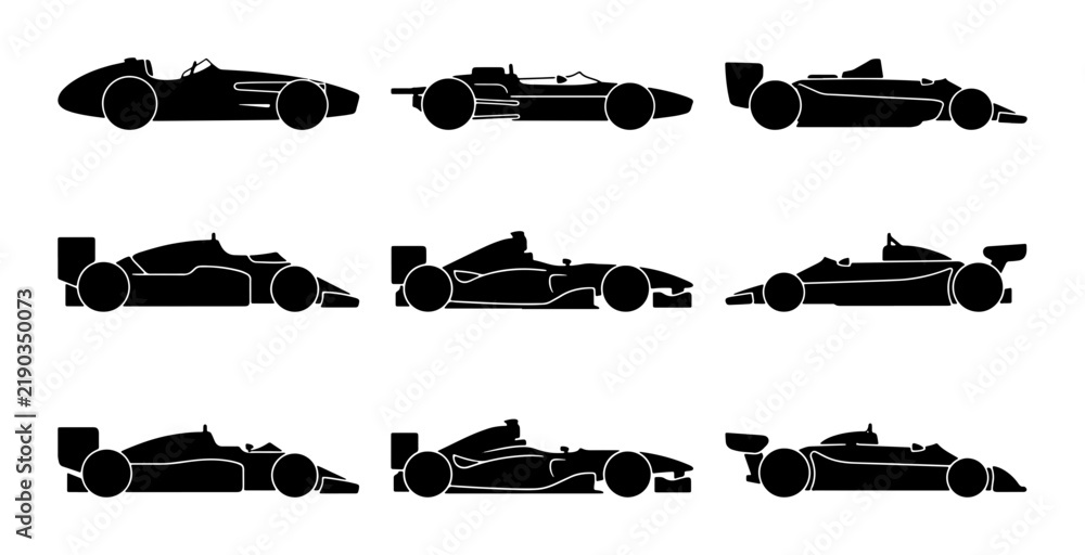 Obraz premium Black formula 1 race car silhouettes, different angles, transport