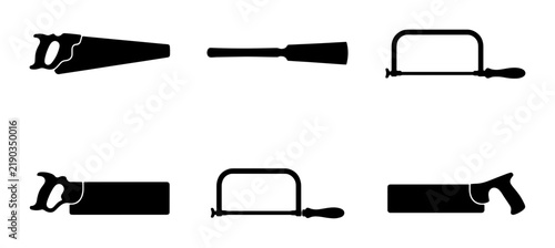 Fotografía Black hand saws and hacksaws silhouettes, isolated on white background