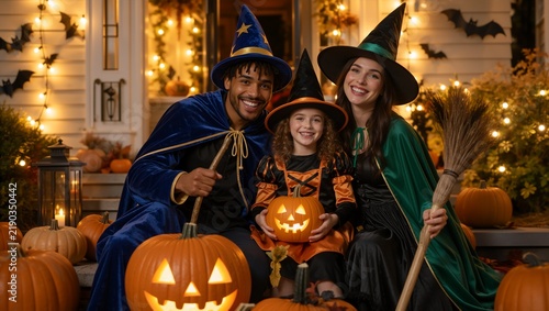 Happy diverse family in Halloween costumes sitting on front porch. Smiling parents and daughter with glowing jack-o-lanterns ready for trick or treating