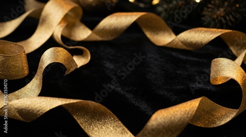 A high-quality, elegant close-up shot of a shimmering gold ribbon arranged in a loop on a black velvet-like surface, suggesting a holiday or celebratory theme.