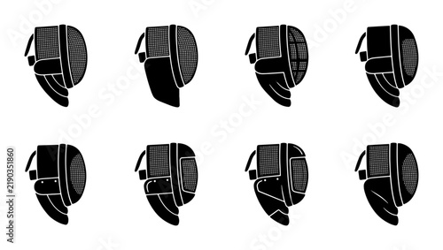 Принти на полотні Black fencing masks silhouettes, sport equipment icons, graphic design