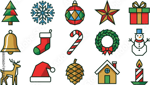 Colorful collection of christmas icons including ornaments gifts and winter holiday decorations