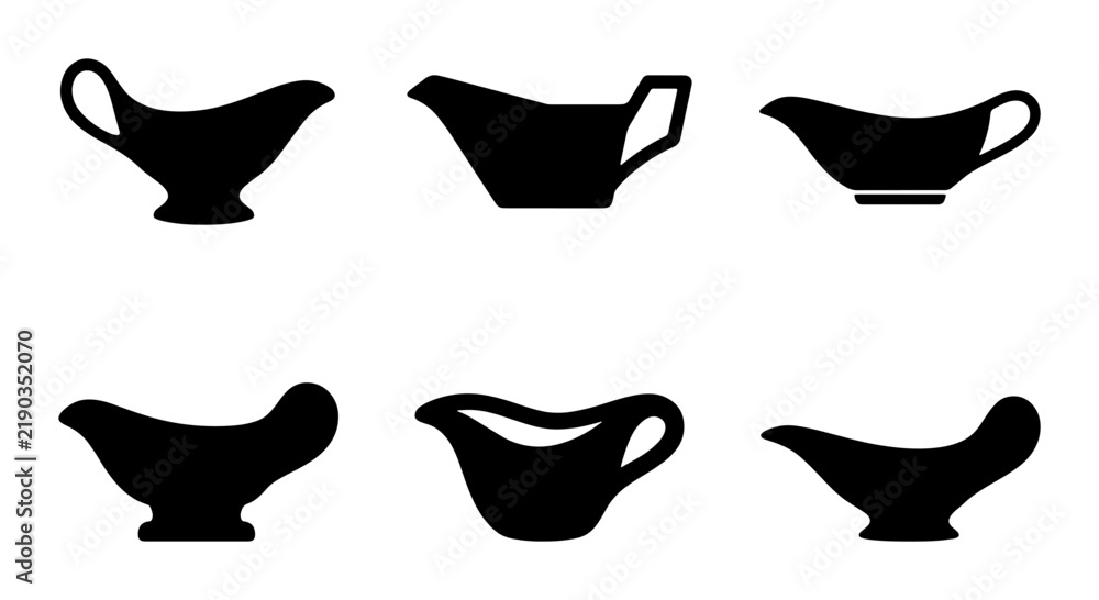 Fototapeta premium Black gravy boat silhouettes, sauce serving dishes, culinary