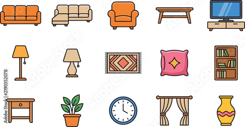Collection of colorful furniture and home decor icons in a flat illustrative style