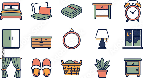 Colorful hand drawn set of bedroom furniture and home decor elements