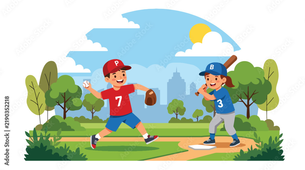 Naklejka premium Flat style vector illustration of children playing baseball outdoors, featuring a batter and pitcher in a park, representing teamwork, recreation, exercise and active childhood