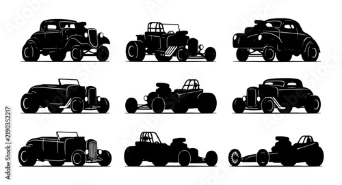 Fotografía Black hot rod car silhouettes, classic automotive design set, graphic