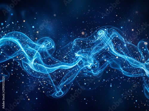 Ethereal blue smoke wave swirling with glowing particles against dark starry space background