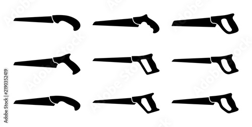 Cuadro en lienzo Black hand saws set, construction tools isolated on white, graphic