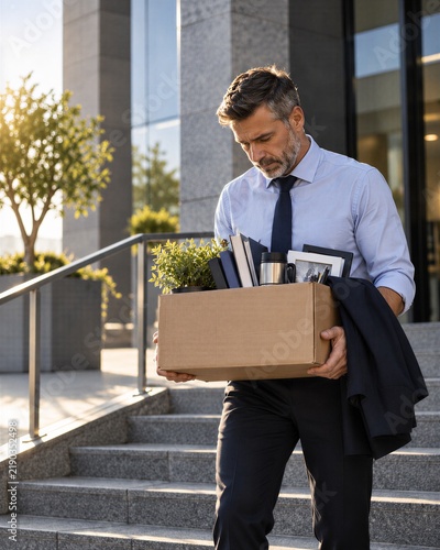 Businessman carrying a box of office belongings after leaving work, representing job loss and career change