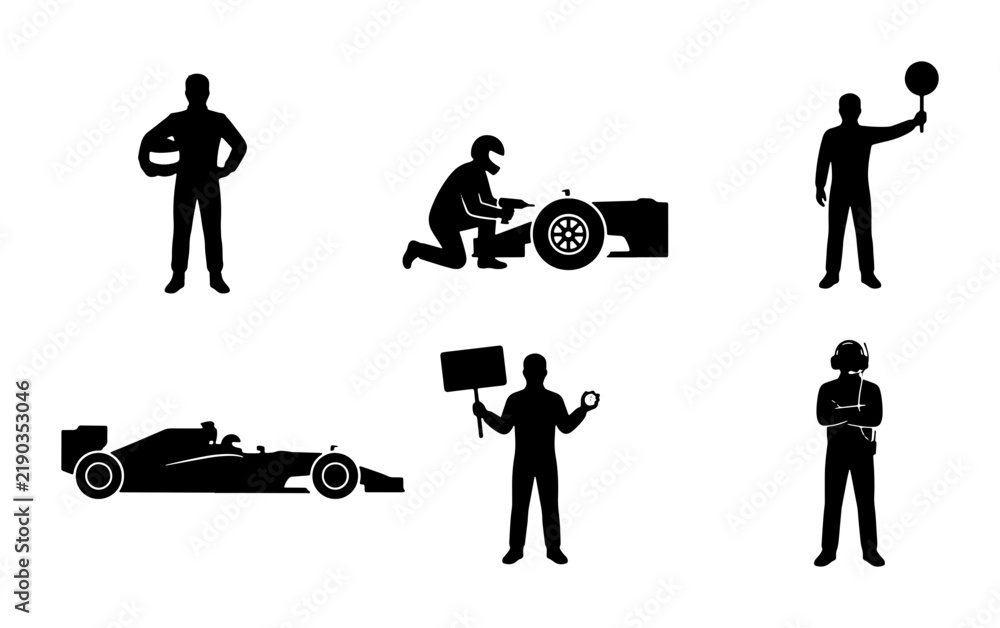 Obraz premium Black racing car and pit crew silhouettes, icons for motorsport