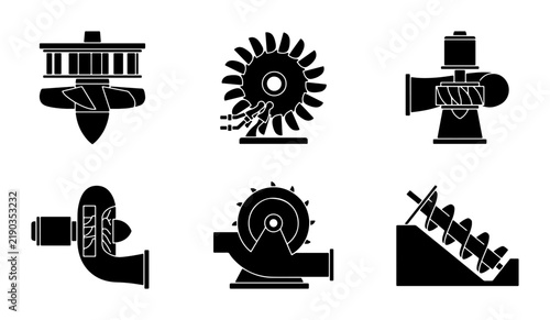 Obraz na płótnie Black turbine and Archimedes screw silhouettes, industrial machinery
