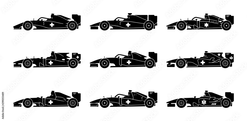 Obraz premium Black formula 1 race car silhouettes with medical cross, set for sport
