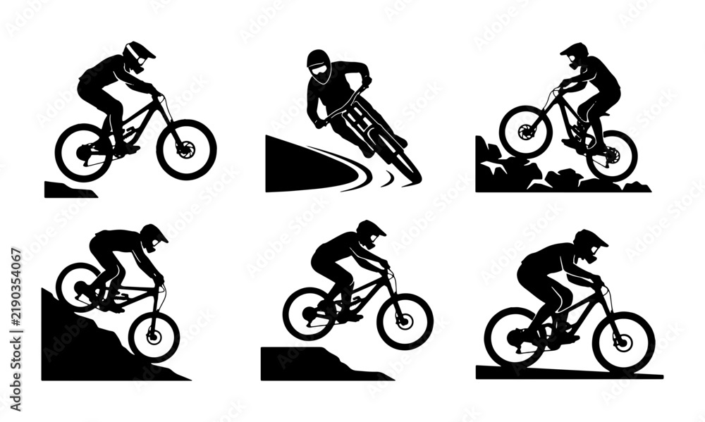 Obraz premium Black and white silhouette icons of downhill mountain bikers, extreme