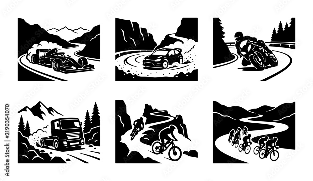 Obraz premium Black and white vehicle and cycling icons, landscape road scenes