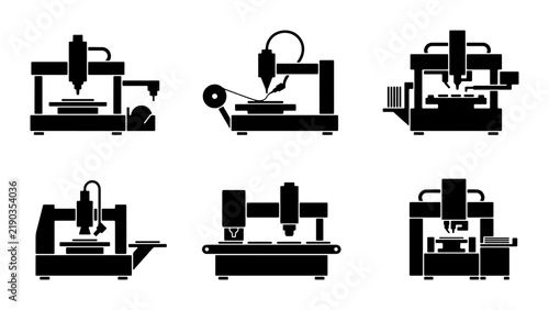Konstfotografi Black industrial machine icons, CNC engraver and 3D printer graphics