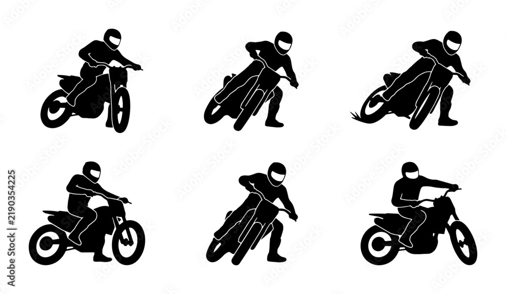 Fototapeta premium Six black motocross rider silhouettes on white background, graphic