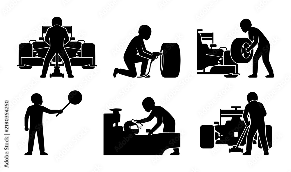Obraz premium Black racing pit crew icons, F1 car service, graphic set