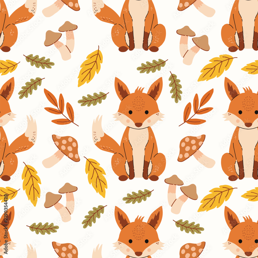 Fototapeta premium Cute sitting orange fox and autumn oak leaves seamless pattern vector illustration, hand drawn scandinavian woodland animal repeat background for nursery wallpaper and nursery decor