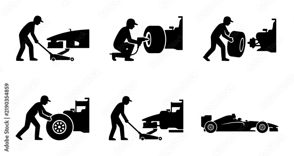 Obraz premium Black F1 racing car pit stop and tire change icons, clean design