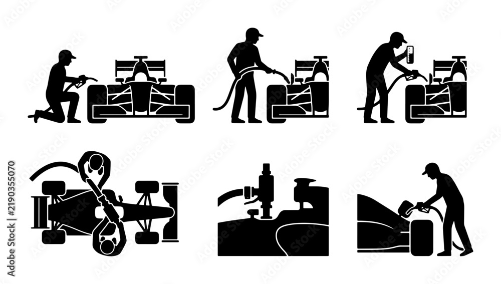Obraz premium Black Formula 1 pit stop icons, refueling and crew actions, graphic