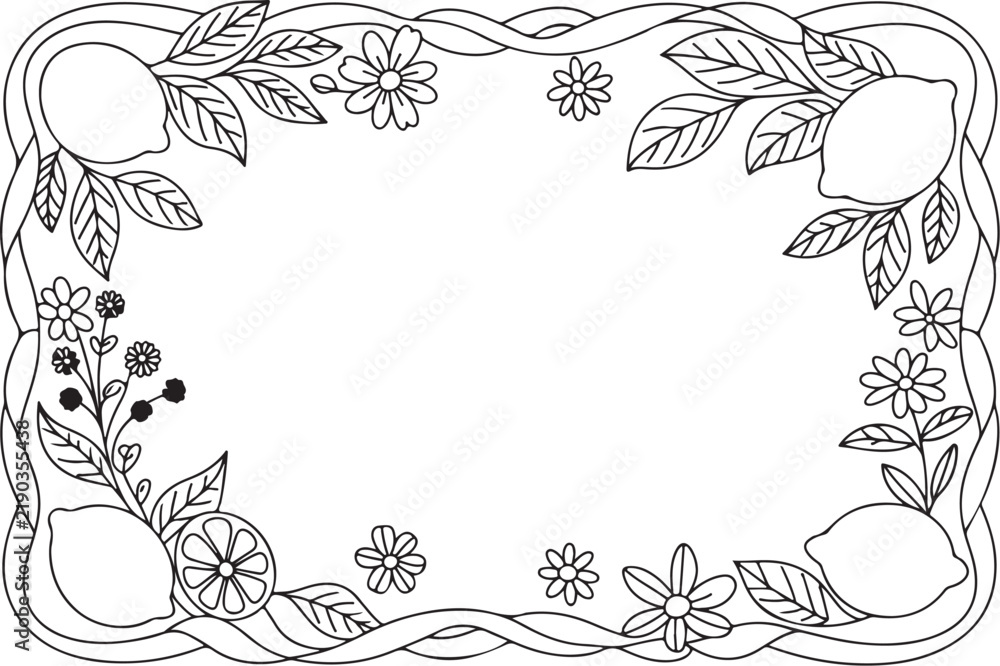 Obraz premium Lemon and Strawberry Floral Frame with Daisies and Woven Vines, Botanical Coloring Line Art Border