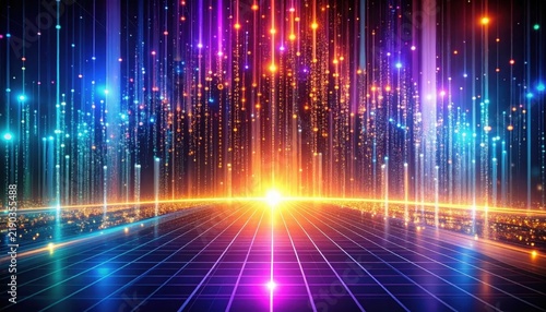 Colorful data streams and digital network technology background featuring abstract big data visualization, glowing futuristic cyber grid, machine learning analytics, and light speed flow concept.