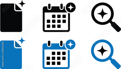 Minimalist productivity icon set, black and blue calendar and document symbols, clean magnifying glass vector icons for UI design