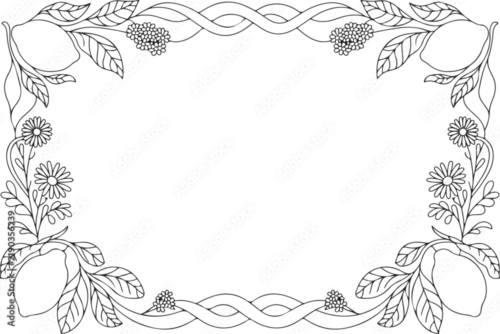 Obraz premium Elegant Lemon Botanical Frame with Leaves and Small Flowers, Minimal Black and White Line Art Border