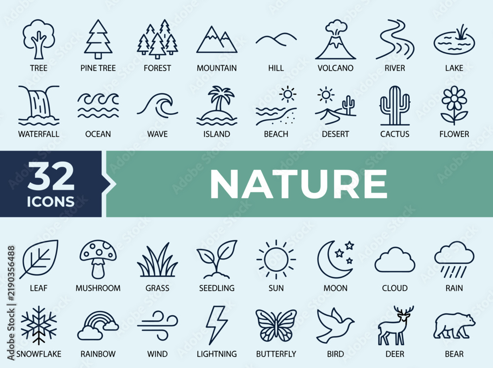 Obraz premium Nature Editable Line Icon Set with Mountains Forest Ocean Weather Plants Wildlife and Natural Landscapes