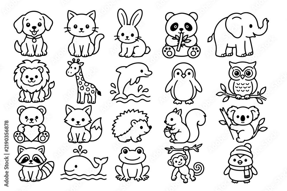 Obraz premium Cute Animal Collection, Adorable Wild and Domestic Animals Line Art Coloring Icons Vector Set