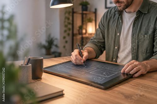 Web designer sketching interface layouts on digital tablet at desk