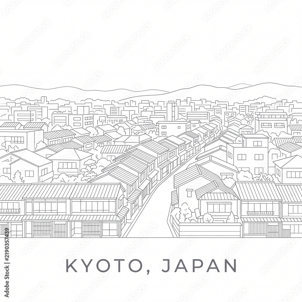 Fototapeta premium Kyoto japan cityscape line art illustration with traditional houses