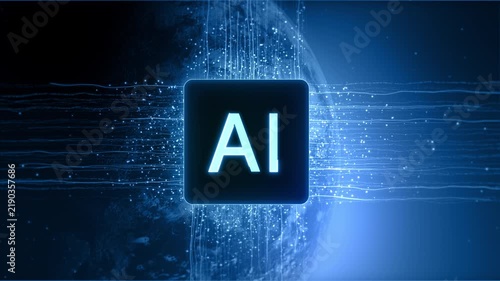 Glowing AI Chip Icon Over Digital Network and Earth Globe Representing Artificial Intelligence Technology