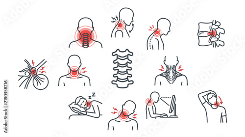 Neck Pain Cervical Spine Tension and Posture Medical Line Icon Collection on White Background