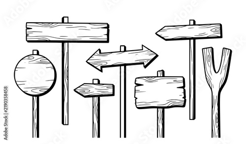 Set of various wooden signposts and blank directional boards in a hand drawn doodle style