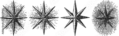 Vintage black and white starburst set with eight pointed and spiked rays designs