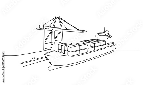 Continuous line drawing of a container ship being loaded by a large crane at the harbor terminal
