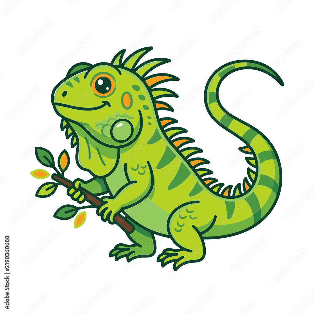 Obraz premium Cute green iguana cartoon character holding a small branch