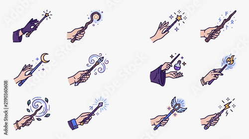 Set of twelve magic wand icons held by hands. Various designs include stars, moon, crystal, and lightning. Illustrated hand-drawn style on a white background for wizardry and fantasy themes.
