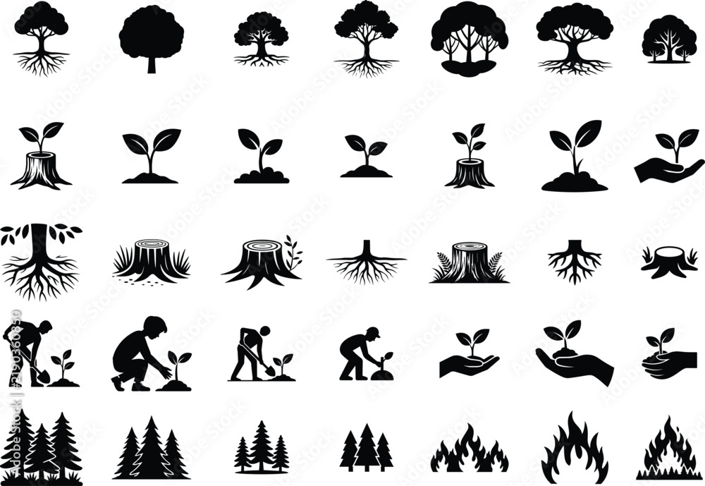 Fototapeta premium Tree planting and forestry black icon set featuring saplings roots tree stumps forest fires and environmental conservation symbols