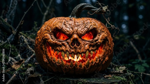 Spooky carved Halloween pumpkin with glowing red eyes and menacing smile in a dark, eerie forest setting, concept of Halloween horror and tradition