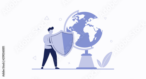 Man with Shield Protecting Globe Illustration - Global Security and Protection Concept